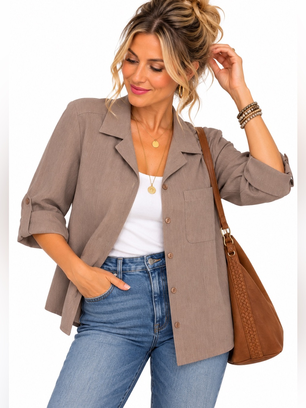 Alia Petites Taupe Button Front Blouse Roll Tab Sleeves Size 14